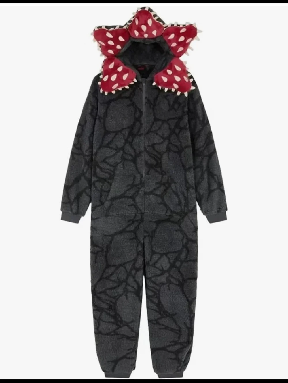 Stranger Things Demogorgon Onsie- Dark Gray with Red Hood Accents ADULT SMALL